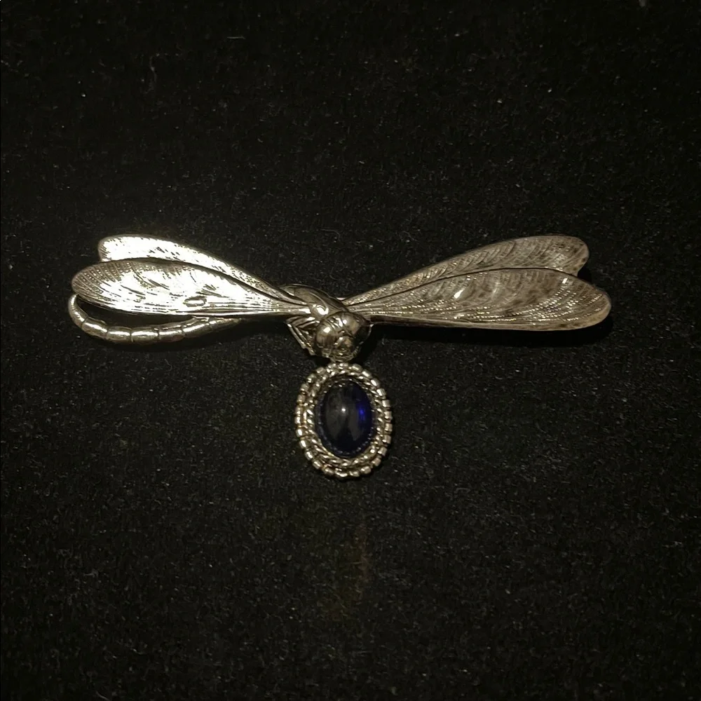 Silver Dragonfly Brooch with Blue Gemstone